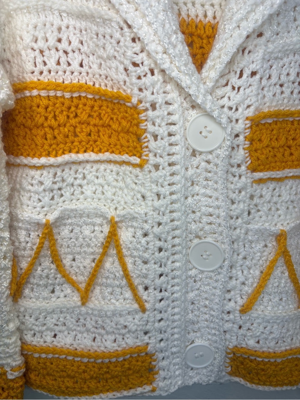 Handmade Knit Crochet Cardigan Sweater Mustard Yellow & Cream Boho - Picture 3 of 16